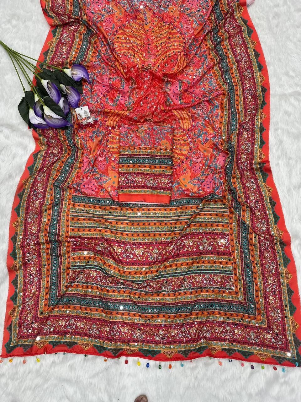 Peach Salmon Soft Crepe Silk Digital Patola-Pashmina Print Saree